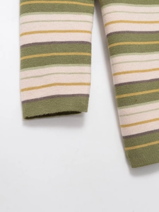 Close-up of olive, beige, and ginger striped knit cuff with a thick texture and clear stitch