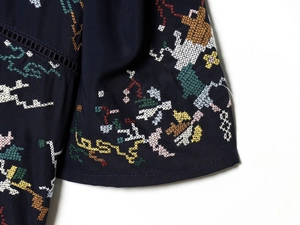 Detail of navy blue top featuring colorful cross-stitch embroidery and lace trim