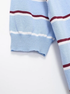 Detail of ribbed cuff on a striped knitted shirt with blue, white and burgundy stripes
