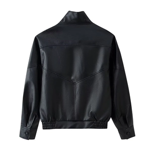 Back view of black faux leather jacket with stand collar and unique Y-shaped stitching details