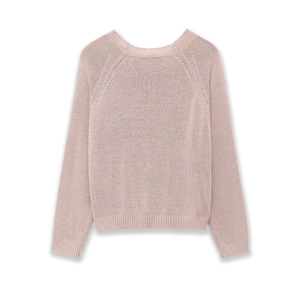 Detail of light pink knit sweater showing ribbed crew neck and fine knitted texture