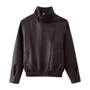 Detail of dark brown faux leather jacket featuring ribbed cuffs and stand collar