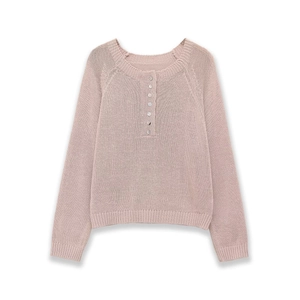 Detailed view of the button placket and ribbed texture on the pink knit sweater
