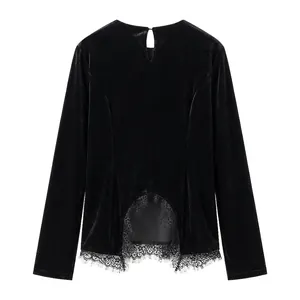 Women Elegant Velvet Lace Patchwork Long Sleeve Top Retro Black Velour Blouse Round Neck Backless Flared Sleeve Clothing