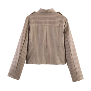 Vista posteriore di un blazer da donna sfiancato a righe con spalline in tessuto marrone