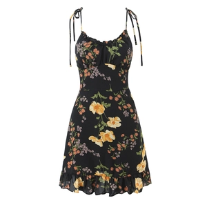 Women Floral Print Spaghetti Strap Mini Dress Ruffle Hem Smocked Back Tie Shoulder V Neck Casual Summer Vacation Beach Dress