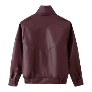 Back view of dark red leather jacket featuring V-shaped stitching and elastic waist
