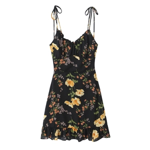 Slim fit floral print slip dress with ruffled hem and drawstring V-neck in black