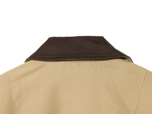 Close-up of contrast brown twill collar on a khaki canvas short jacket for women