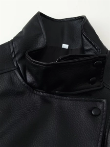 Detailed close-up of a black faux leather jacket featuring a stand collar and snap button