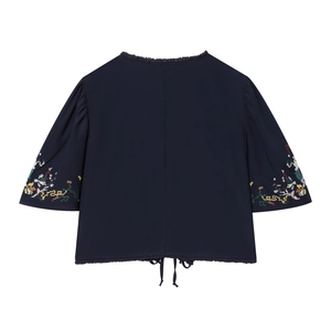 Navy blue short sleeve top with floral embroidery and adjustable drawstring waist