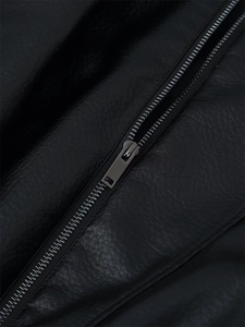 Detail of premium black faux leather jacket featuring a sleek silver metal zipper