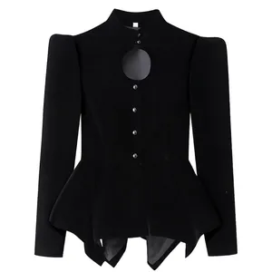 Vintage Black Velvet Peplum Jacket With Elegant Puff Sleeves And Chest Keyhole Structural Long Sleeve Single Breasted Coat For Women