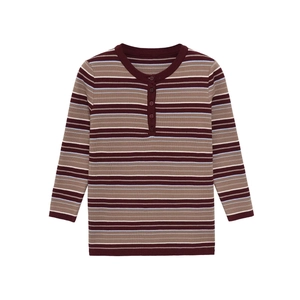 Men's striped knit Henley shirt with long sleeves and rustic multi-color horizontal patterns