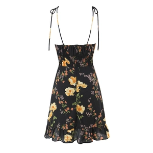 Floral print backless dress with adjustable tie straps and elastic smocked back detail