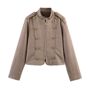 Giacca Blazer a Righe in Stile Militare Retrò da Donna con Colletto alla Coreana e Spalline Design Slim Fit con Bottoni in Metallo