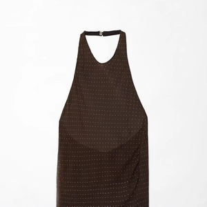 Brown polka dot halter neck dress with backless design and sleeveless slim fit cut