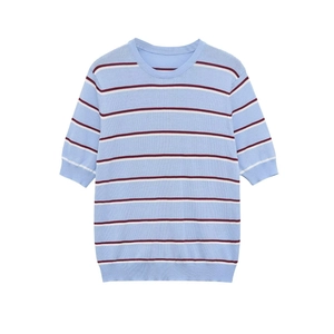 Women Casual Striped Knitted T-Shirt Round Neck Short Sleeve Light Blue White Red Stripes Breathable Soft Knit Top
