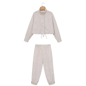 Ensemble Co-ordonné pour Femmes Veste à Carreaux à Col Montant et Pantalon Décontracté Manches Longues Top And Bottom Outfits Fibre de Cellulose Régénérée