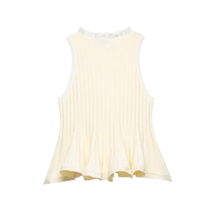 Women's cream rib-knit sleeveless top with delicate lace trim and ruffled hemline