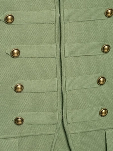 Detail of olive green knit vest with gold buttons and vertical ribbed texture
