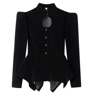 Elegant black velvet jacket with puff sleeves, stand collar and chest cutout design