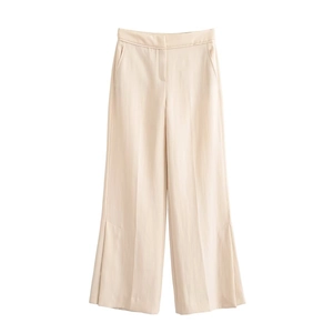 Pantalon chic crème à taille haute et jambes larges avec plis élégants