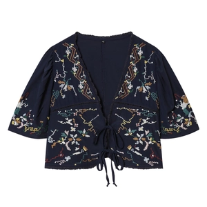 Navy blue short sleeve cardigan with floral embroidery and V-neck tie-front design