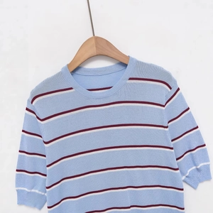 Light blue striped short sleeve knit top with crew neck on wooden hanger