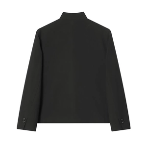 Back view of a black high-collar blazer featuring decorative buttons on the sleeve cuffs