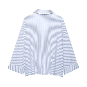 Women's oversize blue and white vertical striped long sleeve shirt back view
