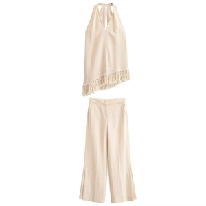 Ensemble Femme Style Occidental Haut Sans Manches Col en V à Franges et Pantalon Large à Taille Haute