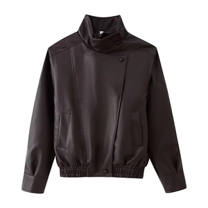 Chic dark brown faux leather biker jacket with stand collar and vintage cropped design