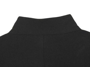 Close-up of black high neck suit jacket showing fine stitching and knit fabric texture