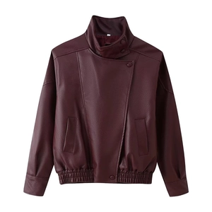 Short wine red faux leather jacket with high stand collar and elastic waist for women