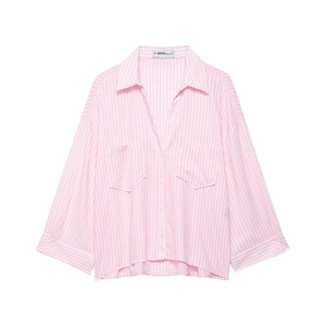Women's pink striped button-down shirt with long sleeves and large chest pockets