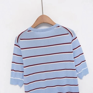 Women's casual striped short sleeve knit top in light blue with red and white stripes