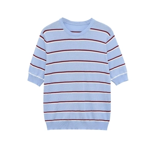 Slim fit light blue striped knit short sleeve top with round neck for casual style