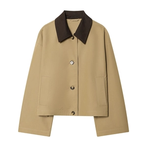 Women Fashion Casual Contrast Collar Short Trench Coat Khaki Single Breasted Lapel Patchwork Long Sleeve Pocket Jacket Top