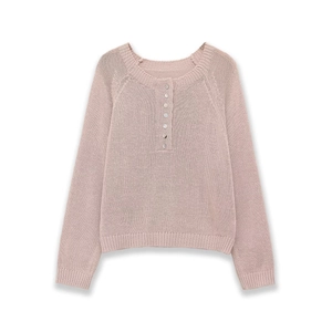 Women's light pink knitted sweater with crew neck, button detail and ribbed cuffs