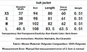 Size chart table for long sleeve double-breasted blazer showing XS to L dimensions