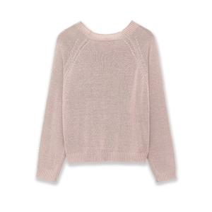 Minimalist light pink long sleeve knit sweater with ribbed cuffs and crew neck back view