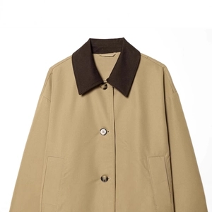 Women stylish khaki short windbreaker with brown corduroy collar and button closure
