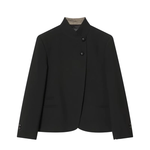 Women Fashion Solid Black Blazer Stand Collar Asymmetrical Button Long Sleeve Suit Jacket Slim Fit Office Casual Outerwear