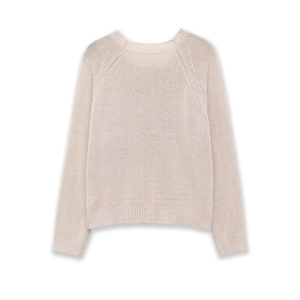 Classic beige raglan sleeve knit sweater with round neck and ribbed cuffs for women