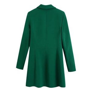 Women's slim fit dark green long blazer featuring a notched lapel and tailored back seam