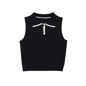 Slim fit black sleeveless knit polo vest with white contrast trim and button collar