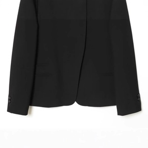 Front view of black women blazer featuring high collar and buttoned sleeves detail