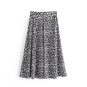 Jupe Midi Trapèze à Taille Haute pour Femme Imprimé Floral Noir Blanc Motif de Fleurs Streetwear Décontracté Ample Grande Jupe