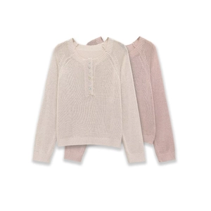 Women's casual long sleeve knit sweaters with colorful buttons in white and pink colors